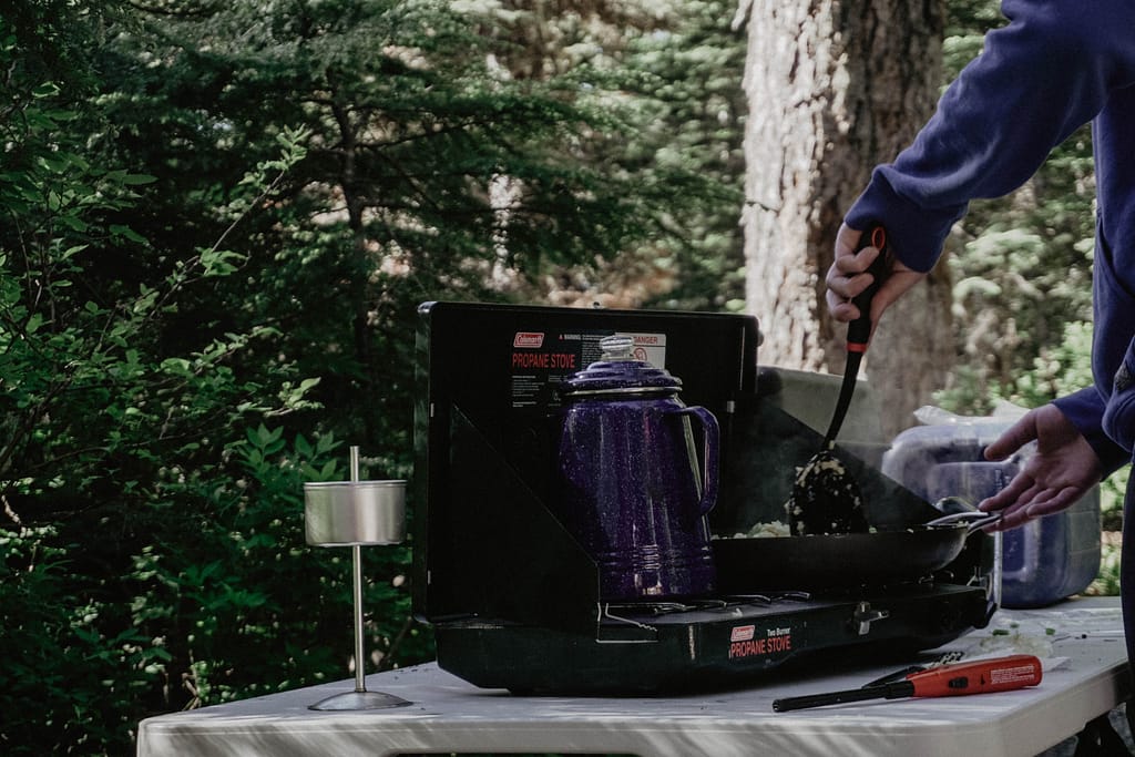 Breakfast on a Coleman 2-burner camping stover